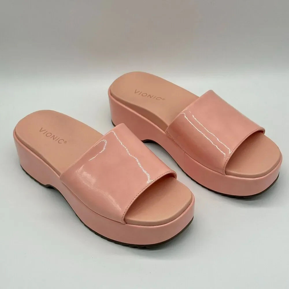 Vionic Trista Pink Platform Slide Sandal Shoes Womens Size 8 Patent Leather Heel